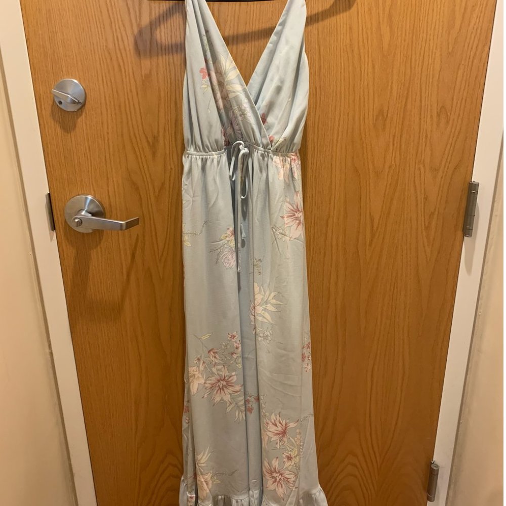 Endless Vacay Sage Blue Floral Print Surplice Maxi Dress